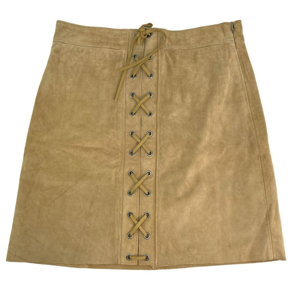 Ralph Lauren Lace Up Tan Suede Brown Leather Mini Skirt NWT Womens Size 2